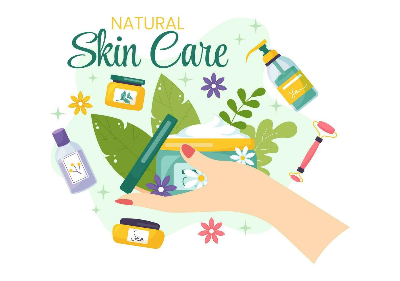 natürlich Haut Pflege Vektor Illustration von Frauen bewirbt sich Kosmetika Gesicht Hautpflege Produkte mit organisch Zutaten im eben Karikatur Hintergrund Vorlage