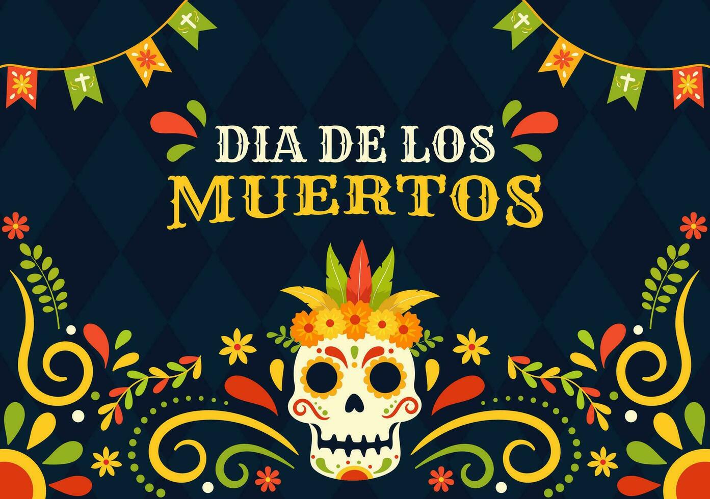 dia de los Muertos Vektor Illustration mit Tag von das tot, abspielen Musik, Skelett im Mexikaner Kostüme und Sombrero im eben Karikatur Hintergrund