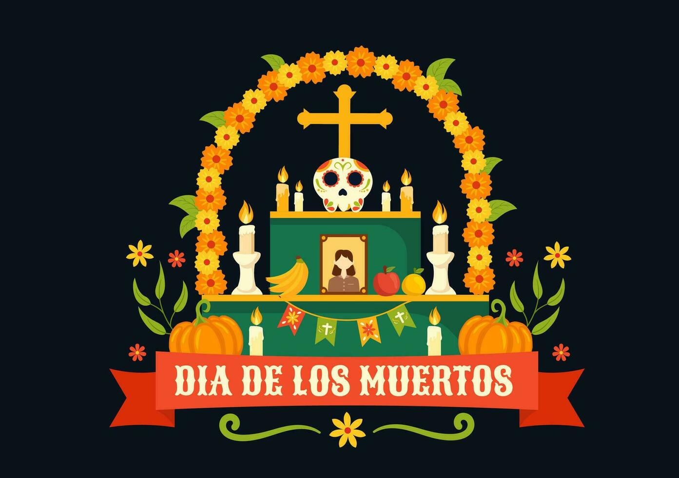 dia de los muertos vektor illustration med dag av de död, spela musik, skelett i mexikansk kostymer och sombrero i platt tecknad serie bakgrund