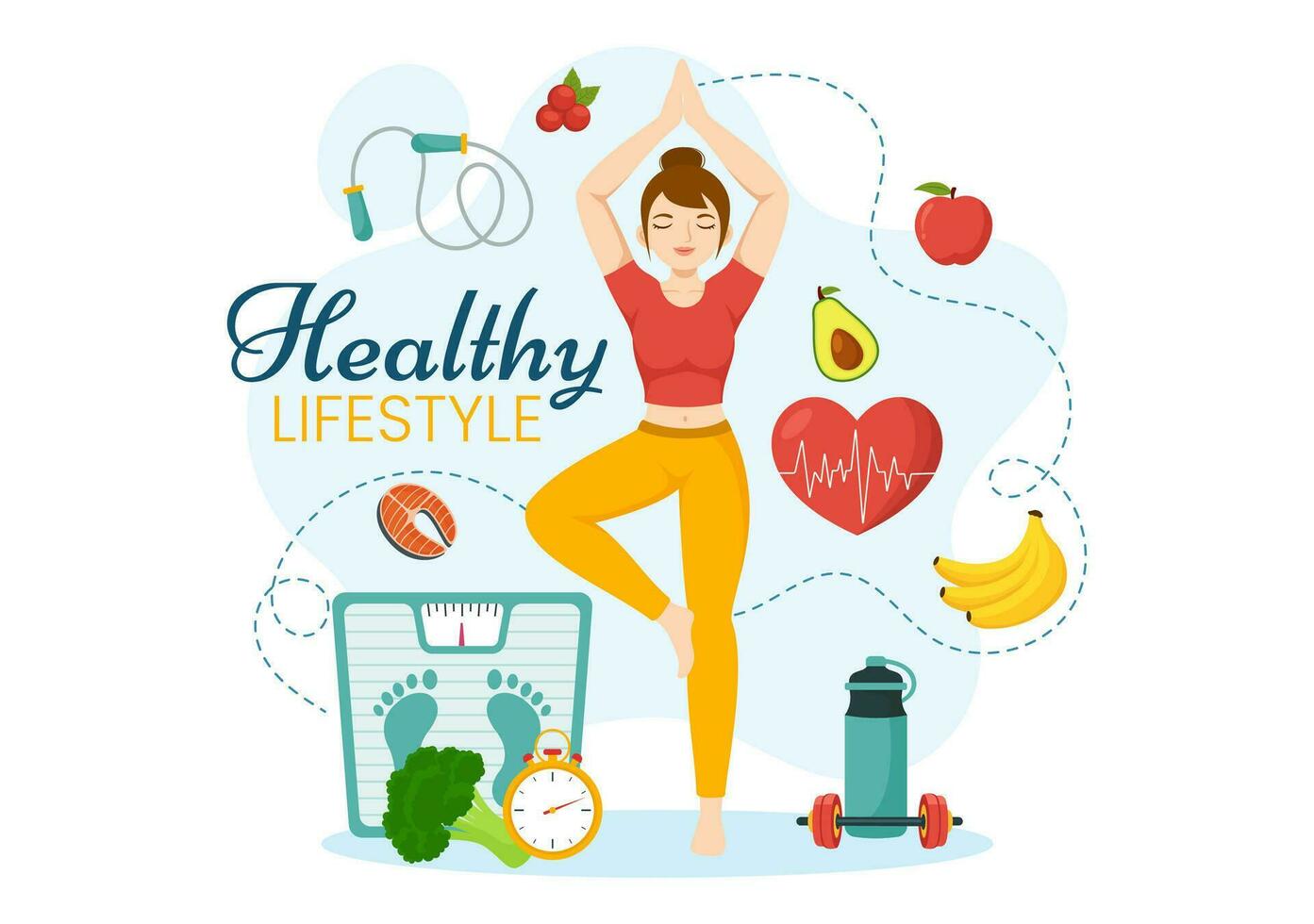 gesund Lebensstil Vektor Illustration mit organisch Gemüse oder Frucht, Sport und trainieren im eben Karikatur Hand gezeichnet Hintergrund Design Vorlagen