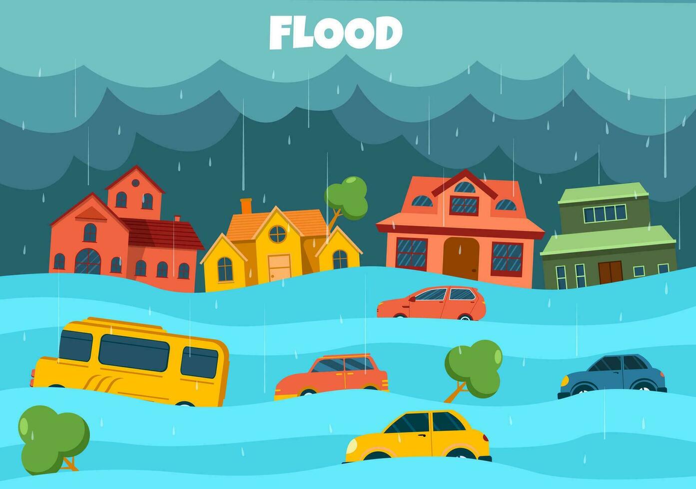 Überschwemmungen Vektor Illustration von das Sturm angerichtet Verwüstung und überflutet das Stadt mit Häuser und Autos Untergang im eben Karikatur Hintergrund Vorlagen