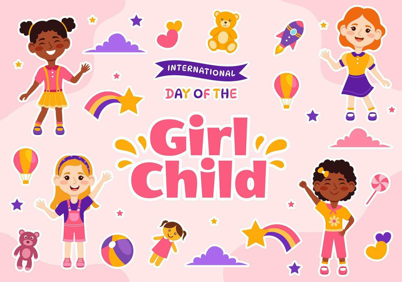 International Tag von das Mädchen Kind Vektor Illustration mit wenig Mädchen zum Bewusstsein und Mensch Rechte im eben Kinder Karikatur Hintergrund Vorlagen