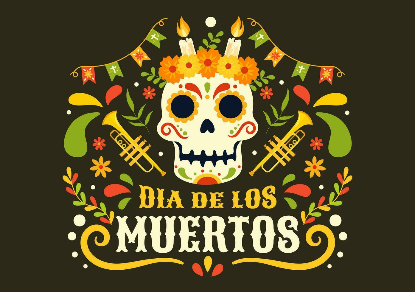 dia de los muertos vektor illustration med dag av de död, spela musik, skelett i mexikansk kostymer och sombrero i platt tecknad serie bakgrund