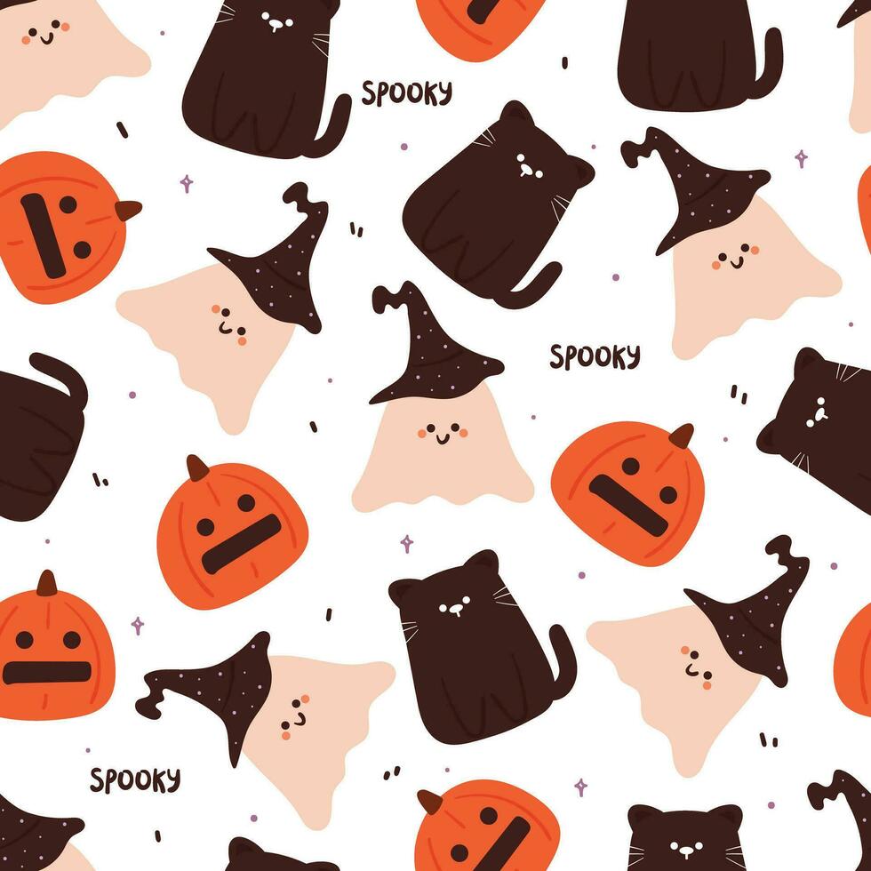 halloween sömlös mönster med tecknad serie pumpa, katt, spöke, och halloween element. söt halloween tapet för Semester tema, gåva slå in papper vektor