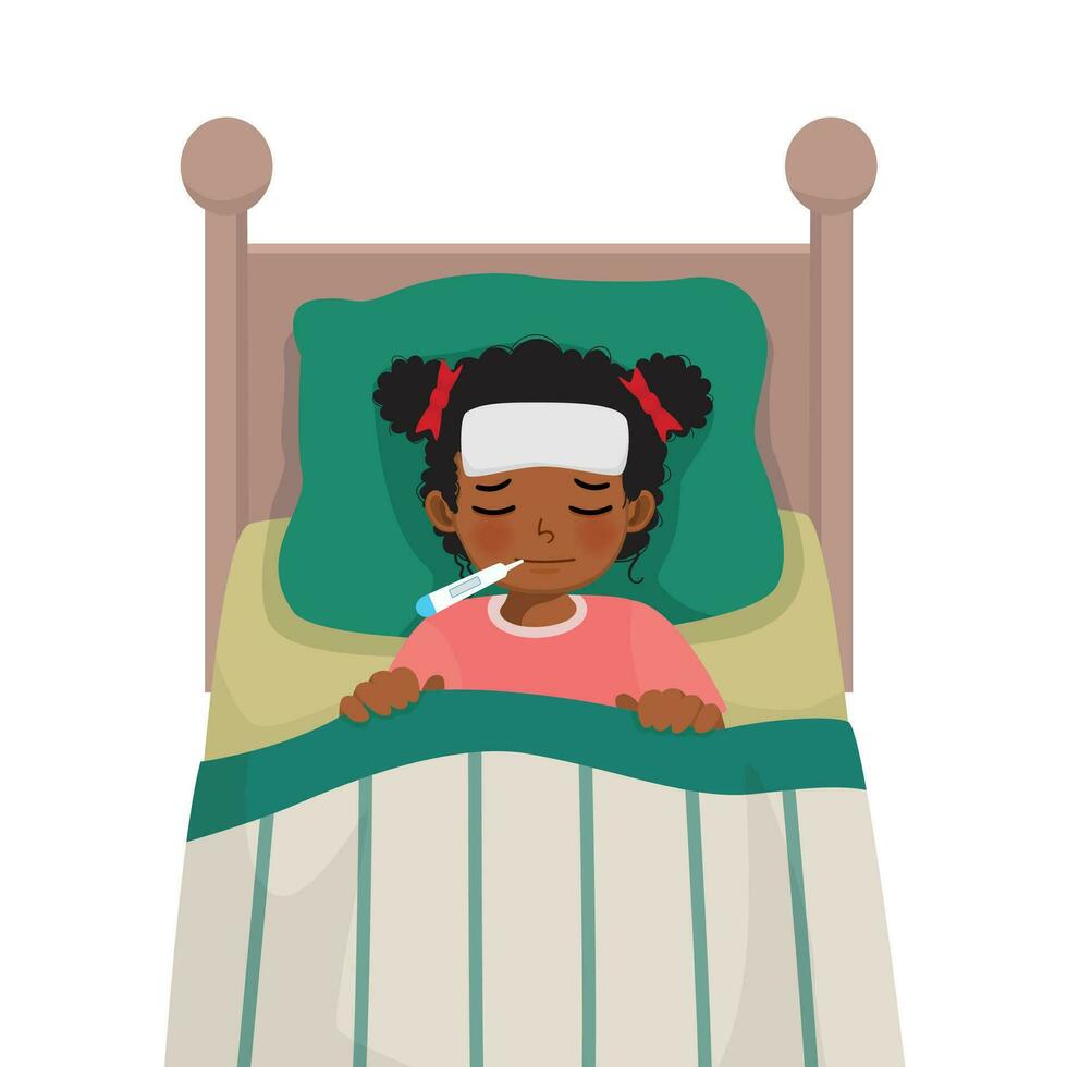 krank wenig afrikanisch Mädchen hat hoch Fieber Grippe und kalt Lügen auf Bett mit Thermometer im seine Mund vektor