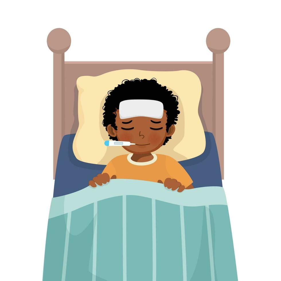 sjuk liten afrikansk pojke har hög feber influensa och kall liggande på säng med termometer i hans mun vektor