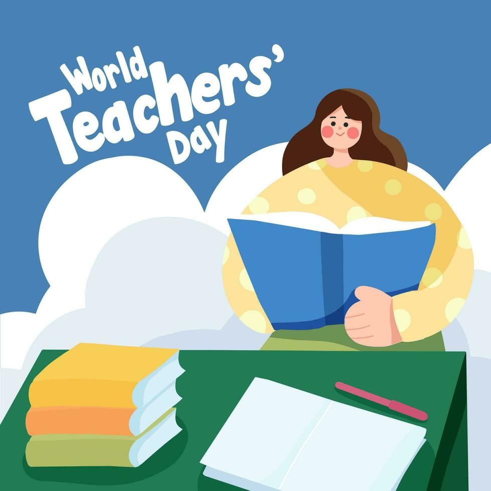 Lycklig värld lärare dag lärare är undervisning henne studenter vektor