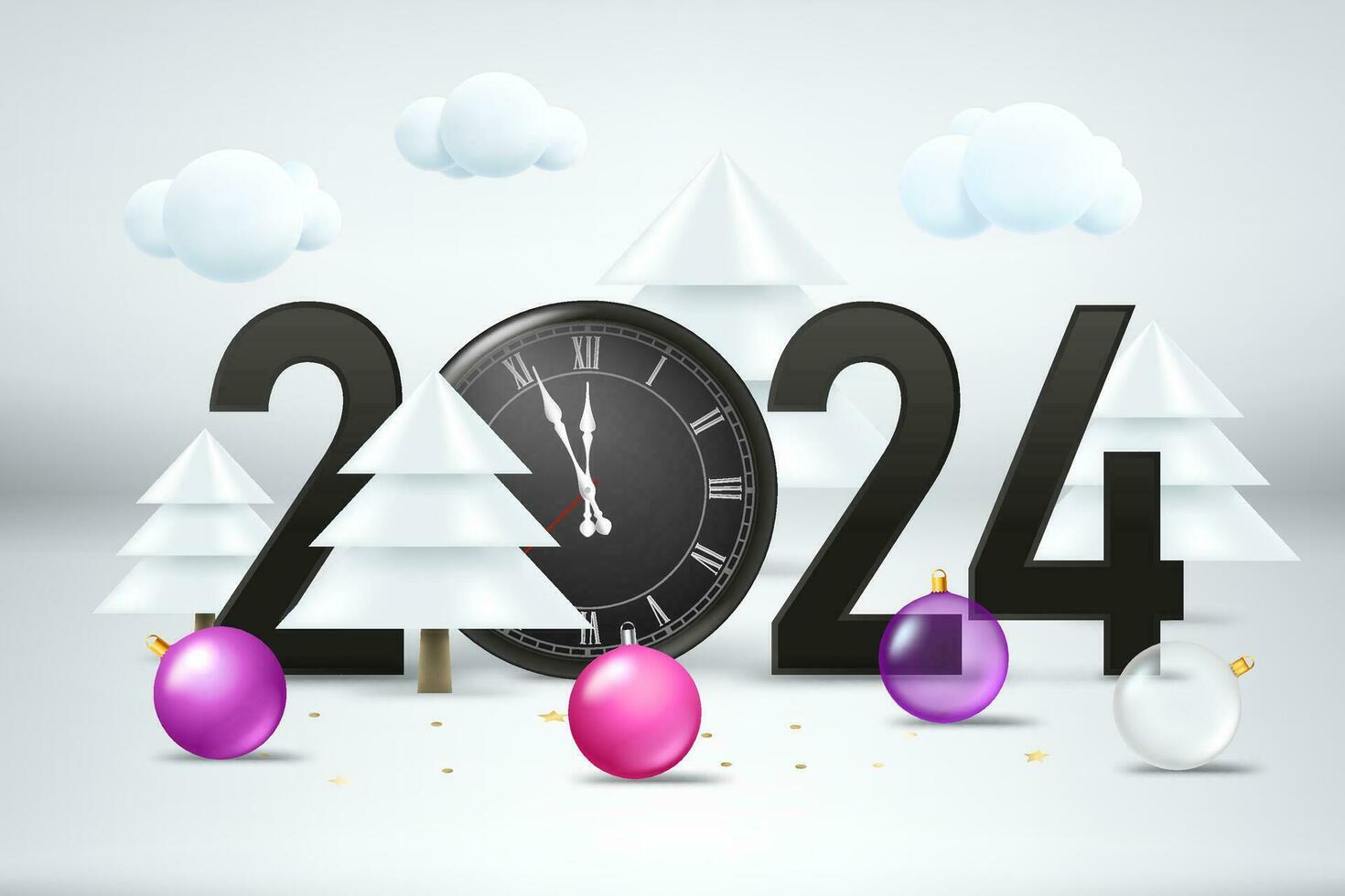 glücklich Neu 2024 Jahr Illustration. Komposition mit Ziffern, Uhr, Kiefern und Kugeln. 3d Vektor Illustration