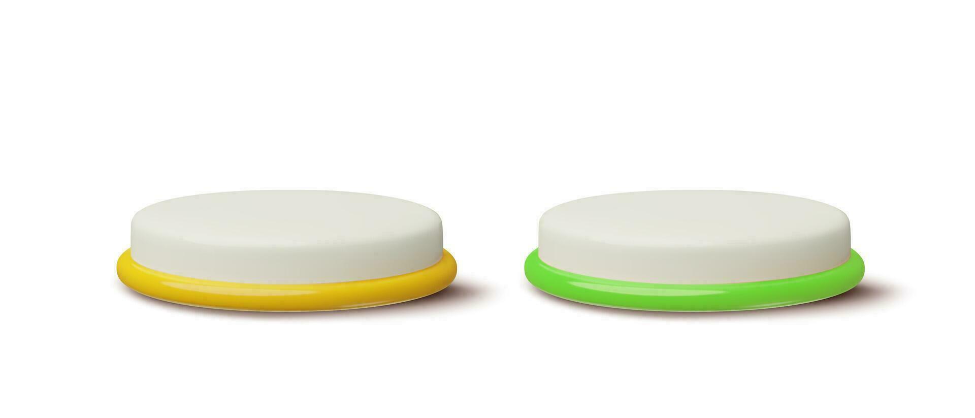 tömma 3d pallplatser uppsättning. gul och grön tecknad serie plast cylinder pallplatser med skugga isolerat på vit bakgrund. vektor