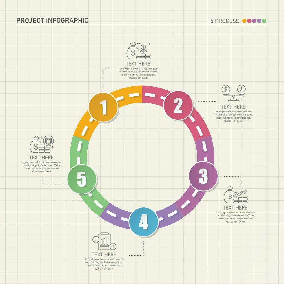 Straße Weg Infografik Kreis von 5 Schritte und Geschäft Symbole zum Finanzen Prozess Schritte. vektor