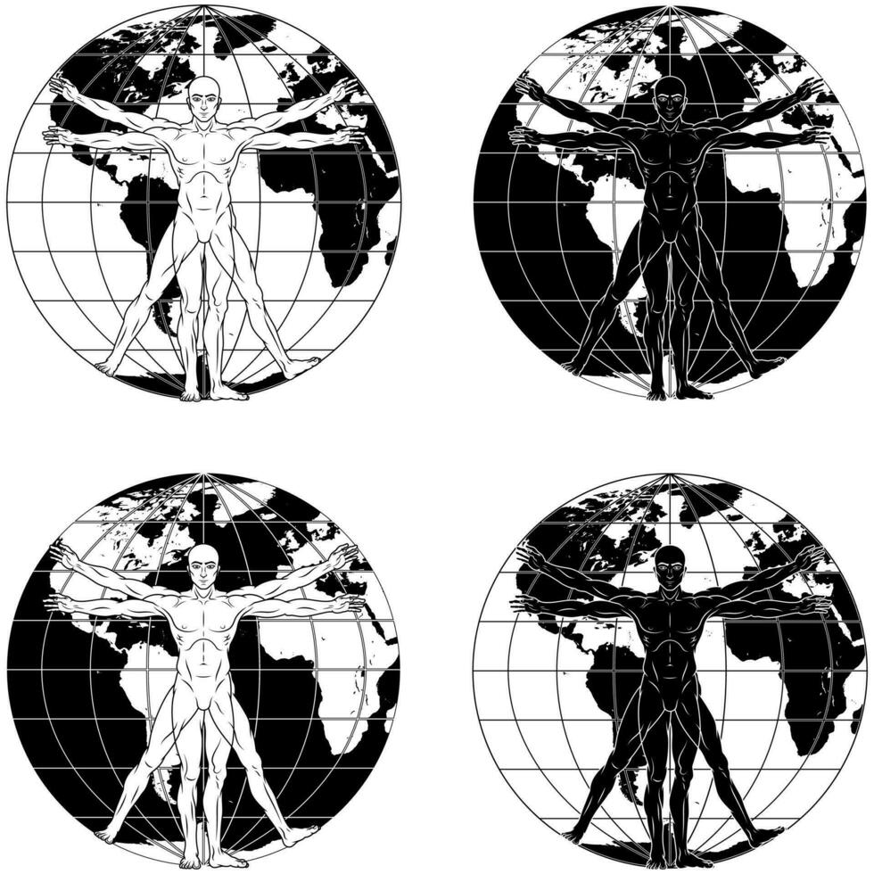 vektor design av Leonardo da vincis vitruvian man, studie av de idealisk proportioner av de mänsklig kropp, med planet jord i de bakgrund