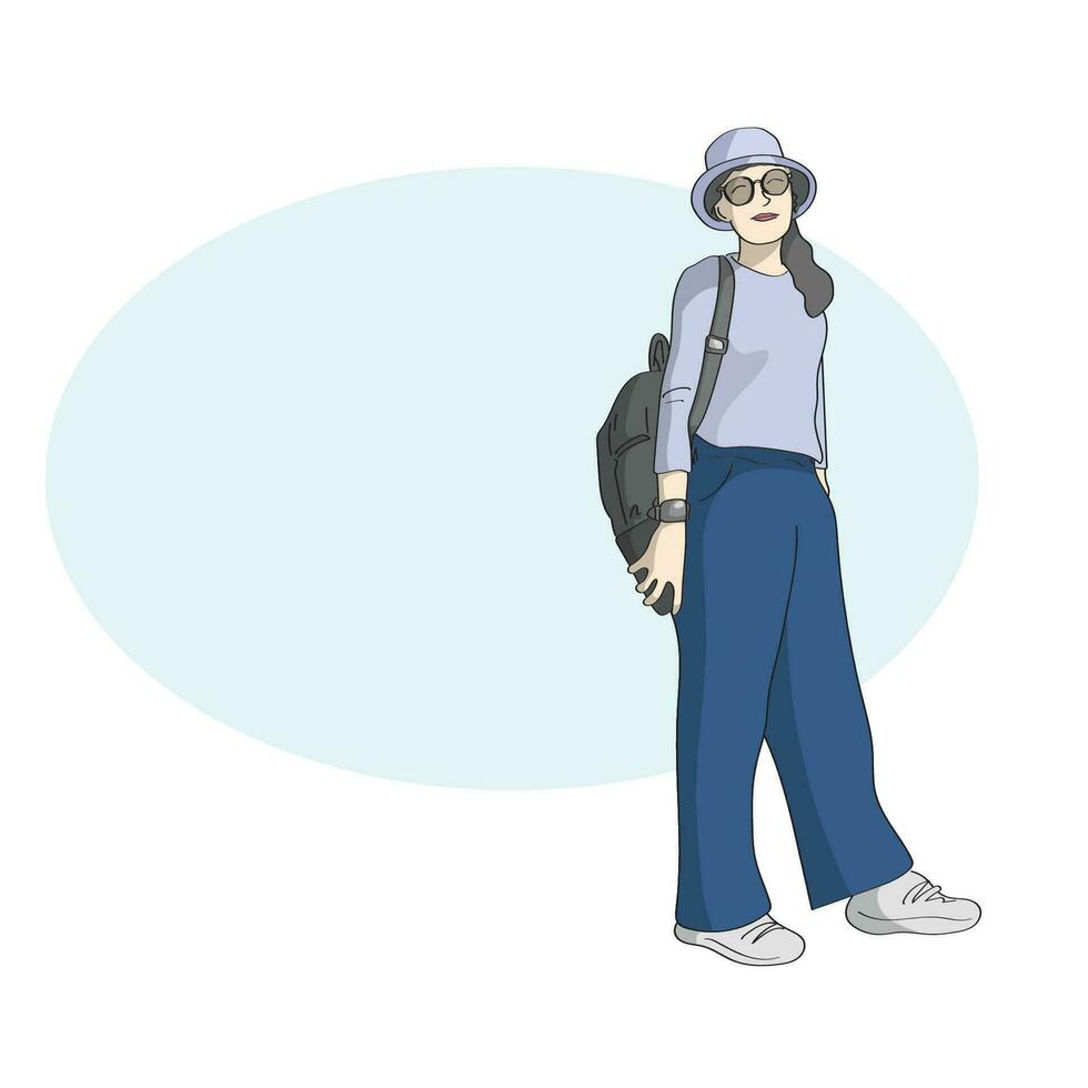 voll Länge von Frau mit Sonnenbrille und Rucksack im Blau Kopieren Raum Illustration Vektor Hand gezeichnet isoliert auf Weiß Hintergrund