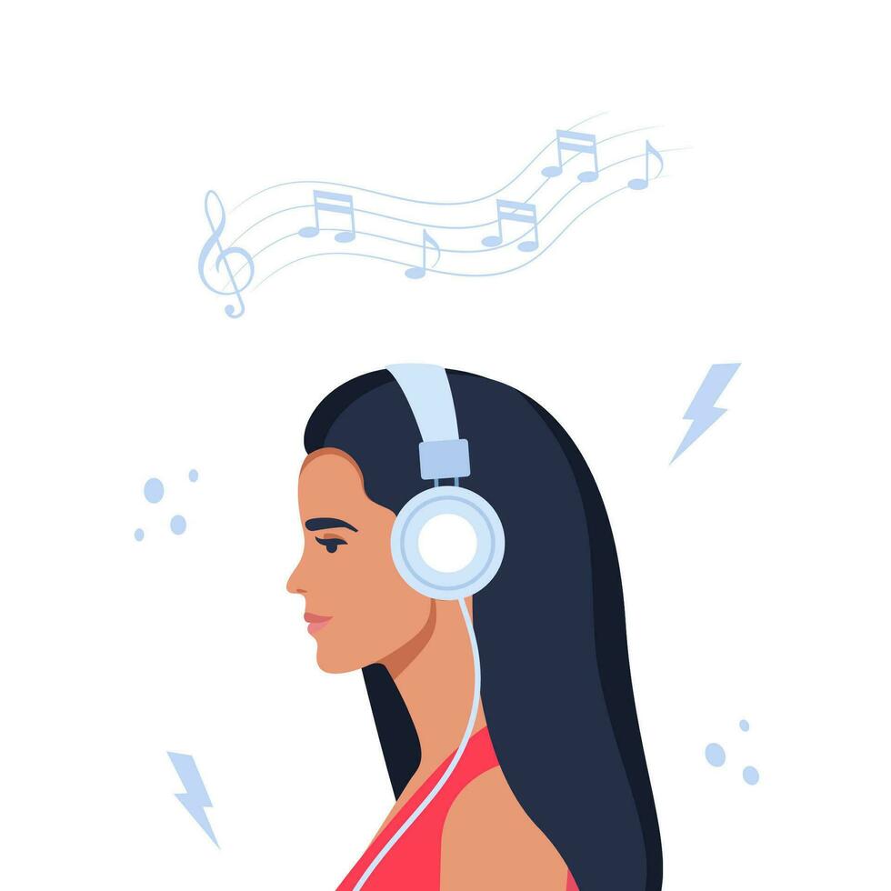ung kvinna med hörlurar lyssnande till musik. begrepp av avslappning, Bra humör, resten. vektor illustration.