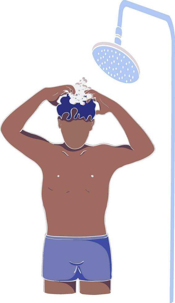 hand dra tecknad serie man tvättning hår med schampo och dusch i badrum, hår vård med skum till friskhet. spa och hälsa care.vector illustration. vektor