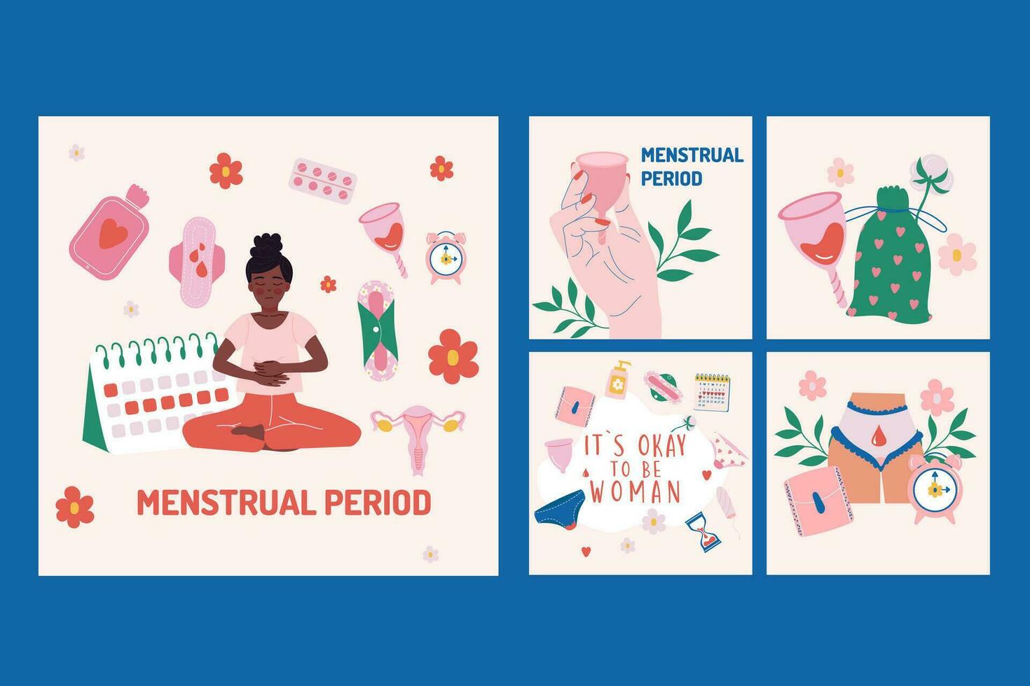 platt menstruation period kvinna Instagram inlägg samling. social media vektor