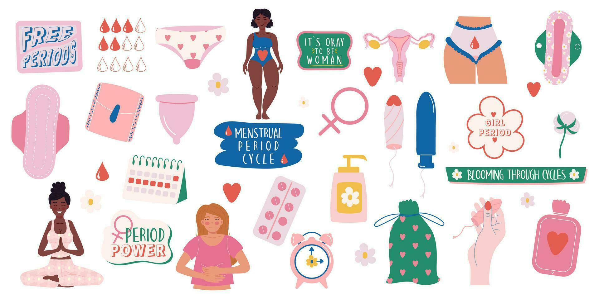 feminin hygien Produkter samling hand dragen stil och text. menstruation period kvinna. kvinna tecken och kalender vektor