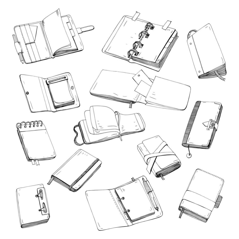 anteckningsbok, anteckningsblock, planerare, arrangör, skissbok hand dragen uppsättning. samling av kontur illustrationer. vektor