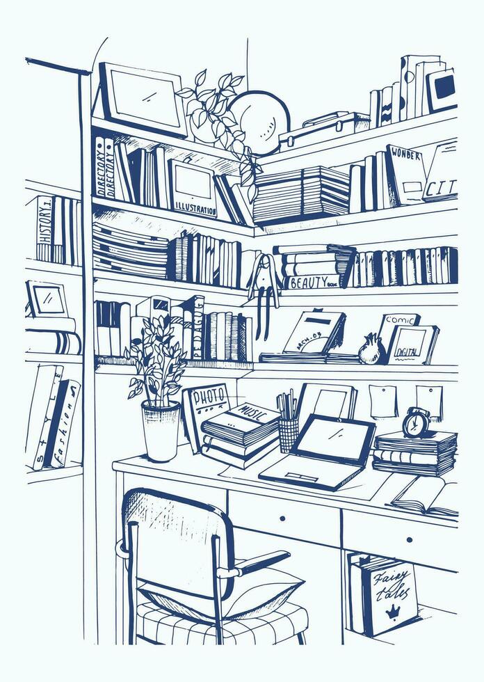 modern Innere Zuhause Bibliothek, Bücherregale, Arbeitsplatz Hand gezeichnet skizzieren Illustration. vektor