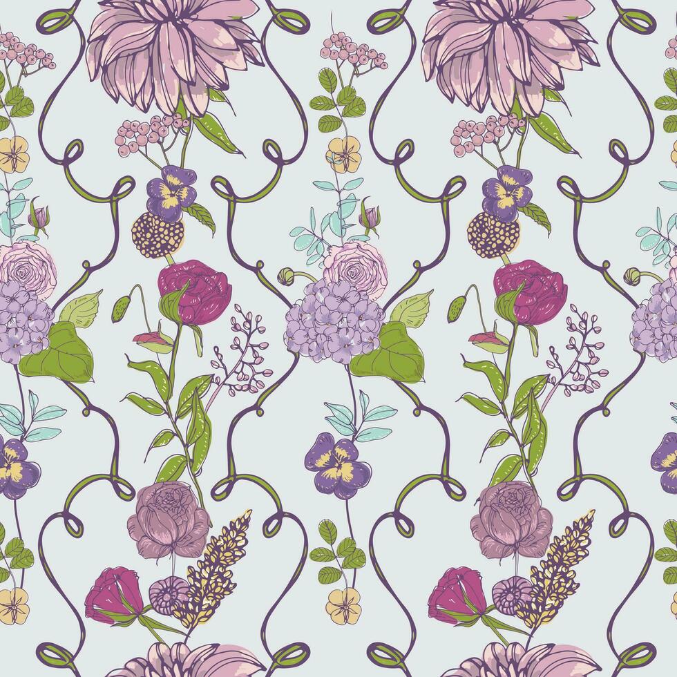 Jahrgang Hintergrund Hintergrund. Blumen- nahtlos Muster mit Blumen. bunt Vektor Illustration.