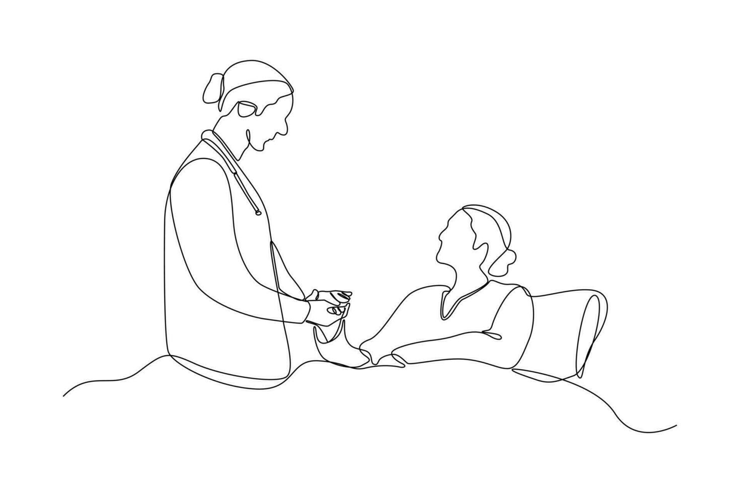 kontinuerlig ett linje teckning medicinsk personal hört patient begrepp. klotter vektor illustration.
