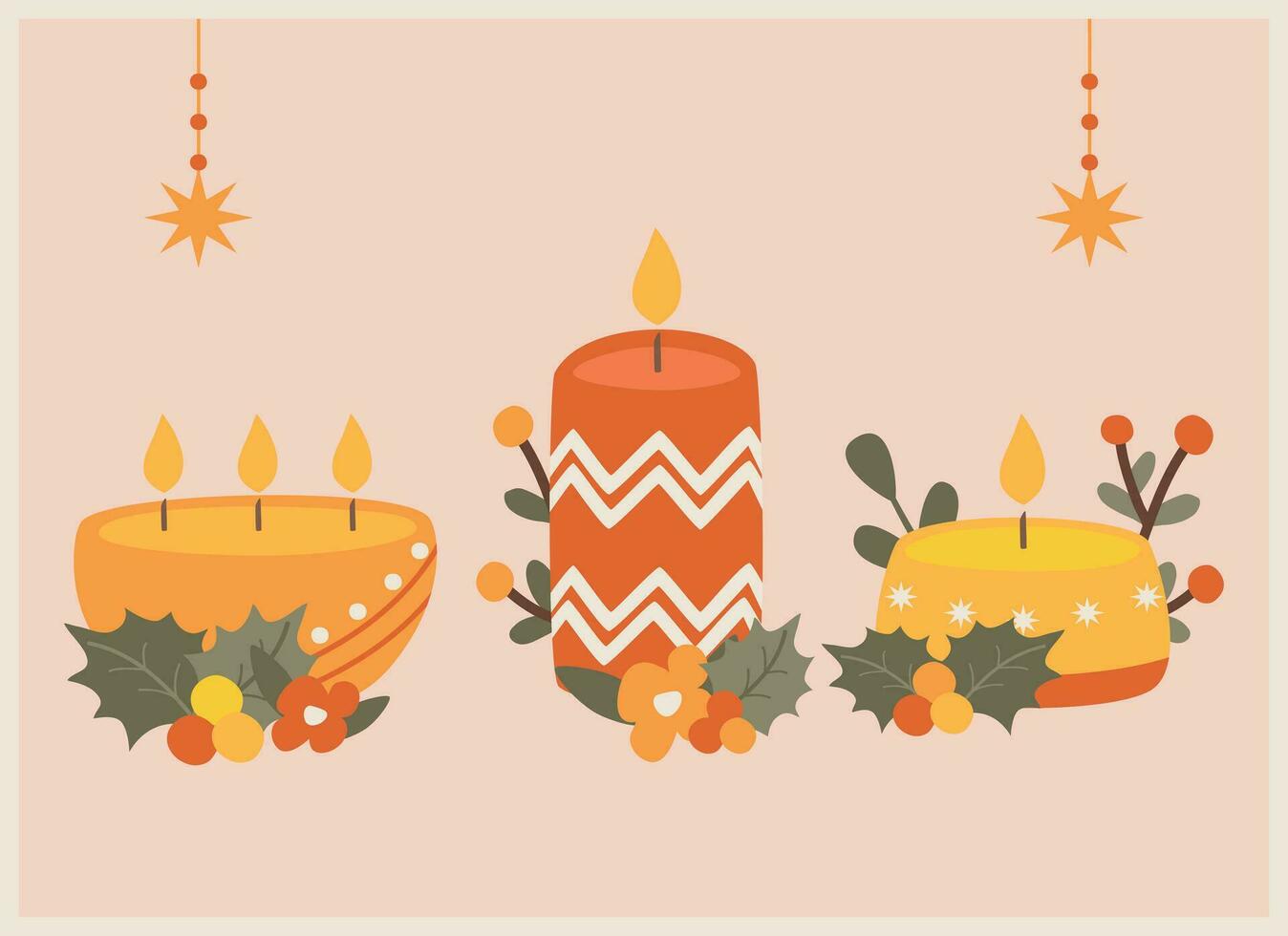 Winter mehrfarbig Gruß Karte mit ein Weihnachten Kerzen und Dekoration vektor