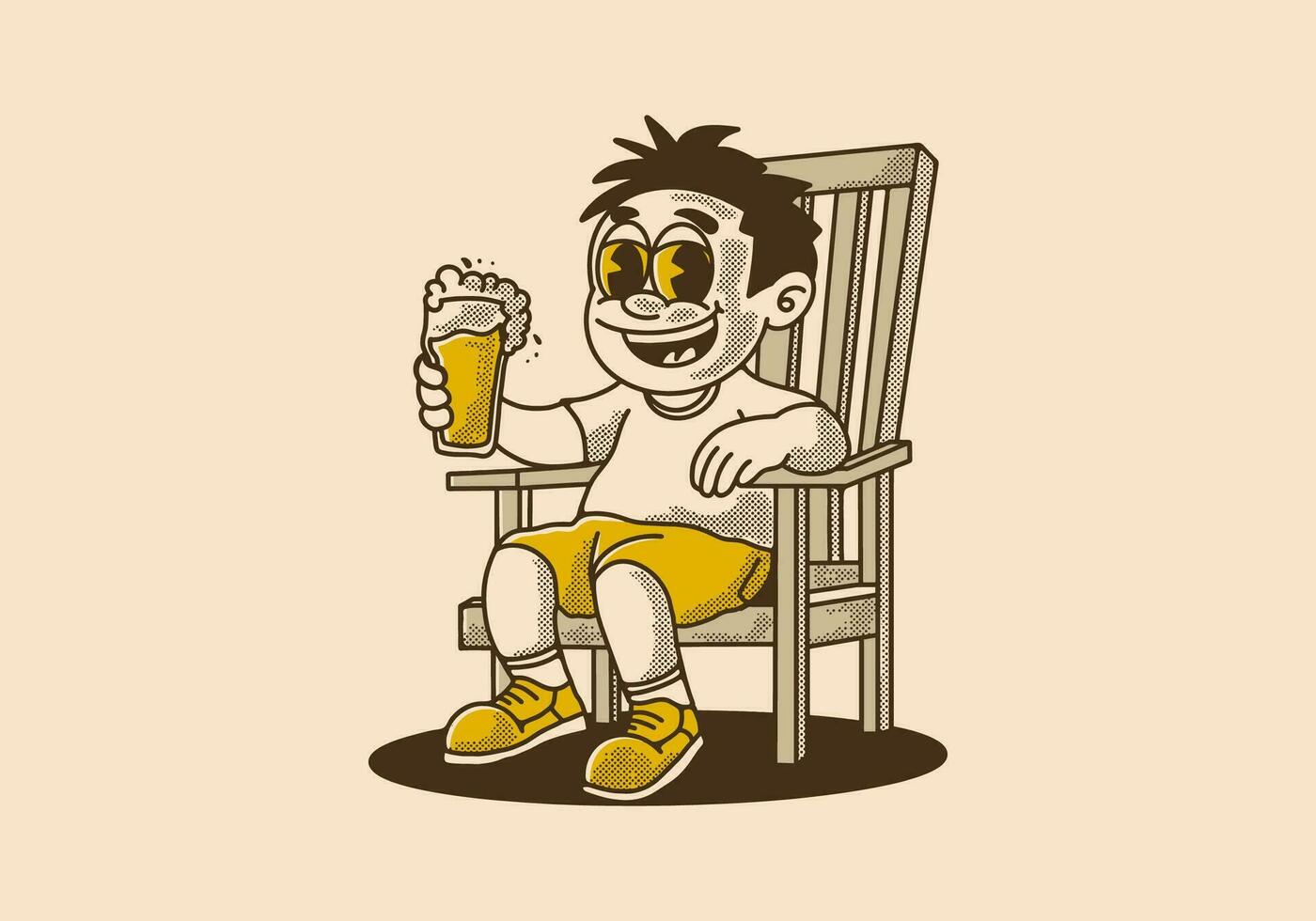 Jahrgang Illustration von ein Mann sitzen auf das Stuhl und halten ein Glas von Bier vektor