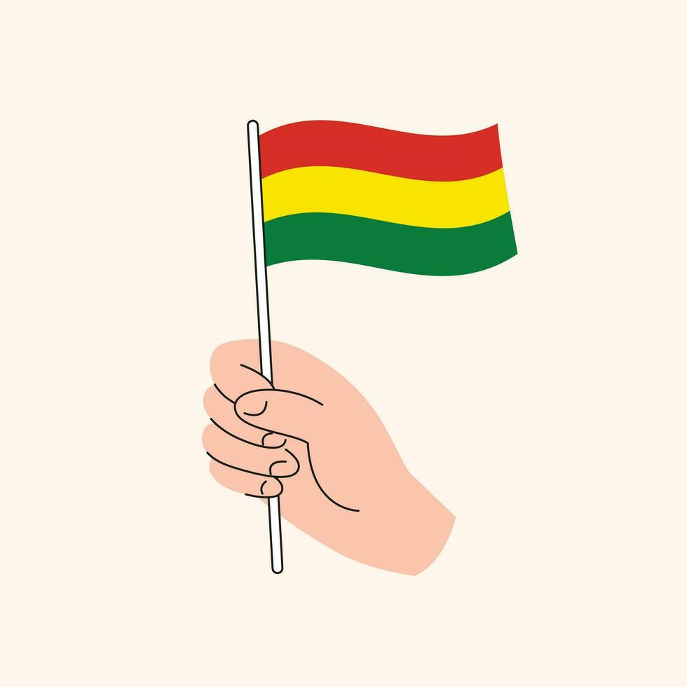 Karikatur Hand halten bolivianisch Flagge, isoliert Vektor Zeichnung.