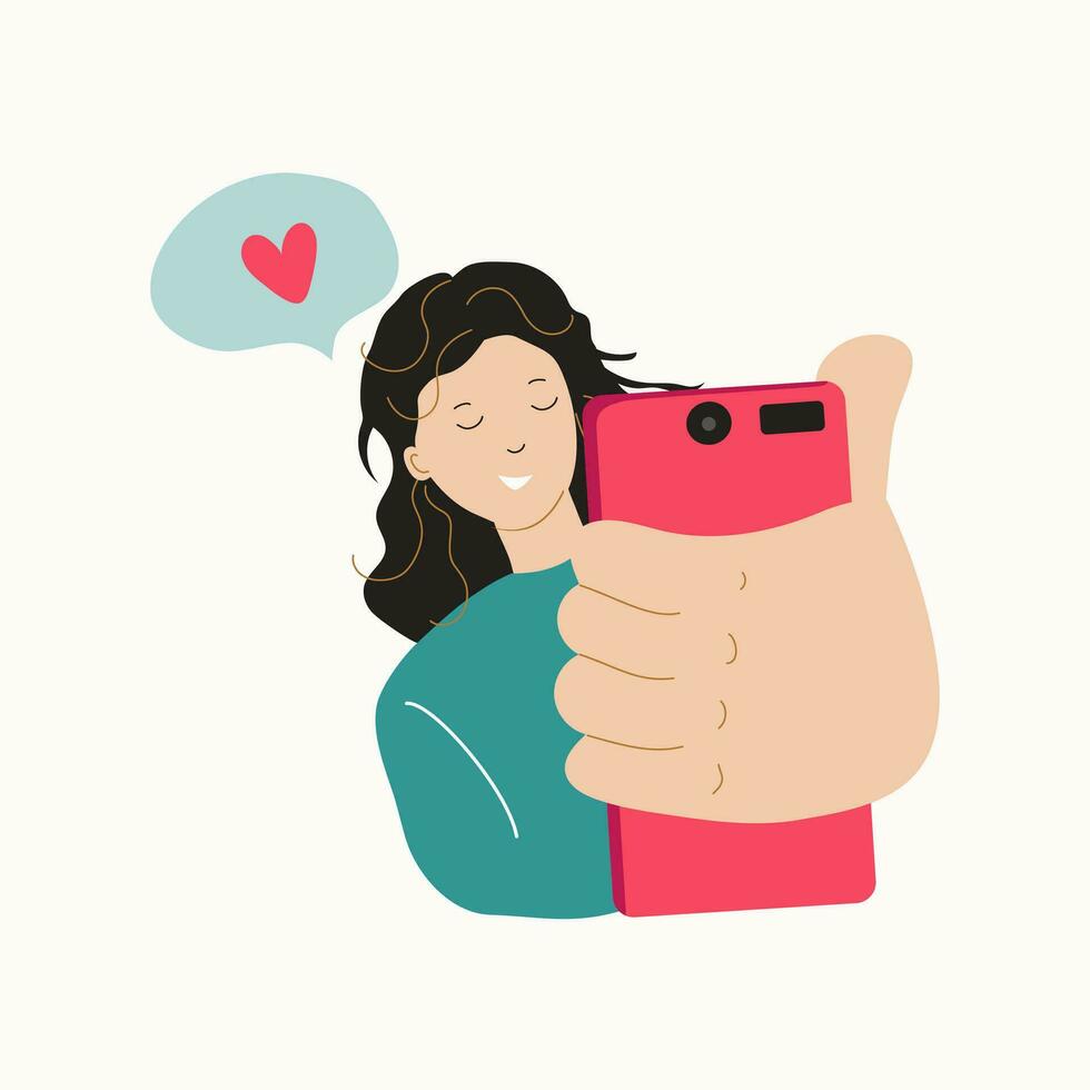 jung Frau, Smartphone. Personen. Kommunikation durch Telefon, Korrespondenz im Sozial Netzwerke. Foto, Selfie. Teenager Mädchen. Vektor Illustration auf ein Weiß isoliert Hintergrund.