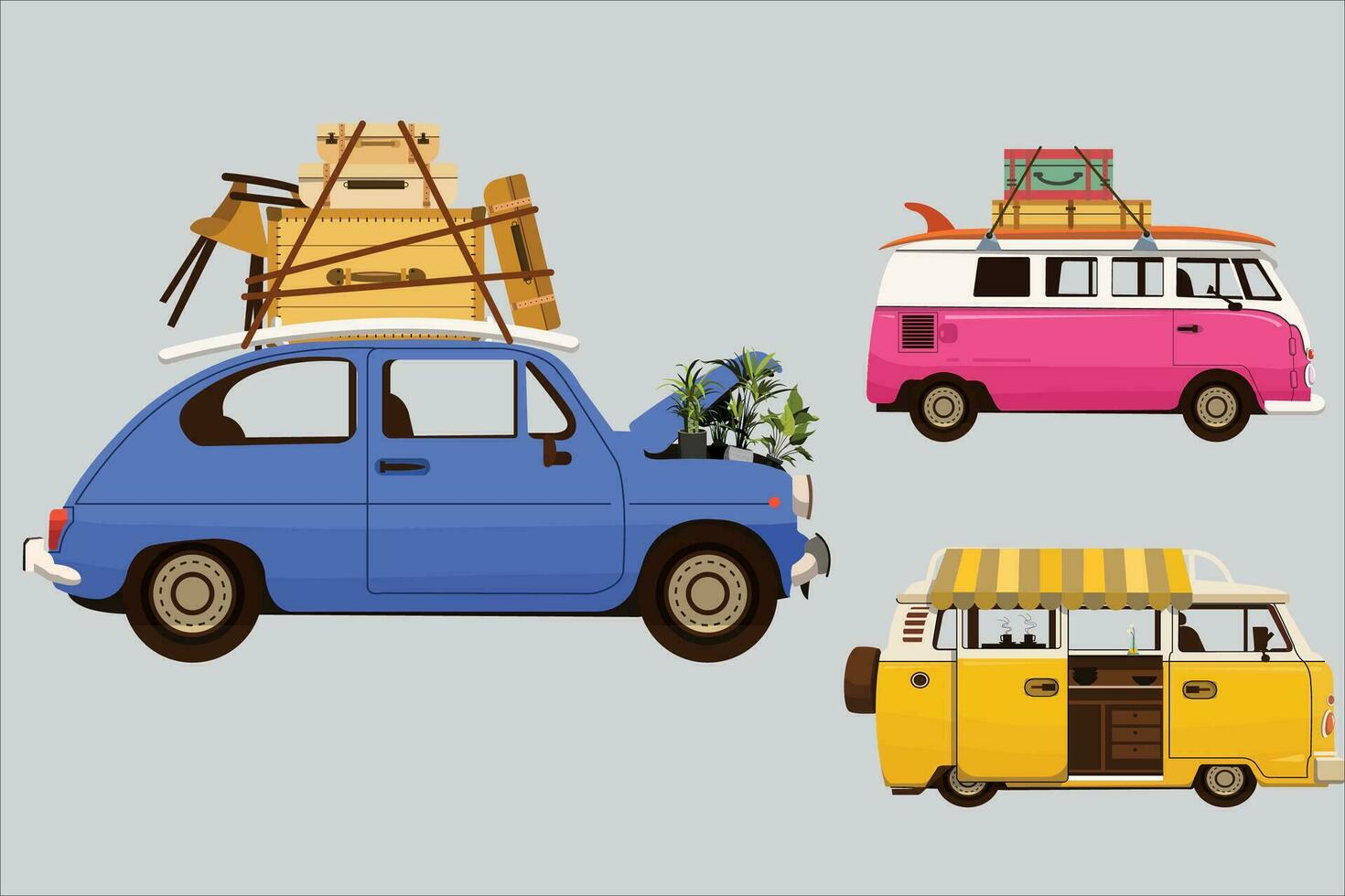 Sammlung von anders Camping Wohnwagen Transport eben Vektor Illustrationen. Reise Auto mit Zelt zum Erholung. lange Ausflug aus von Stadt. rv Wohnmobil, Wohnmobil, Lieferwagen, Wohnmobil Anhänger, Auto