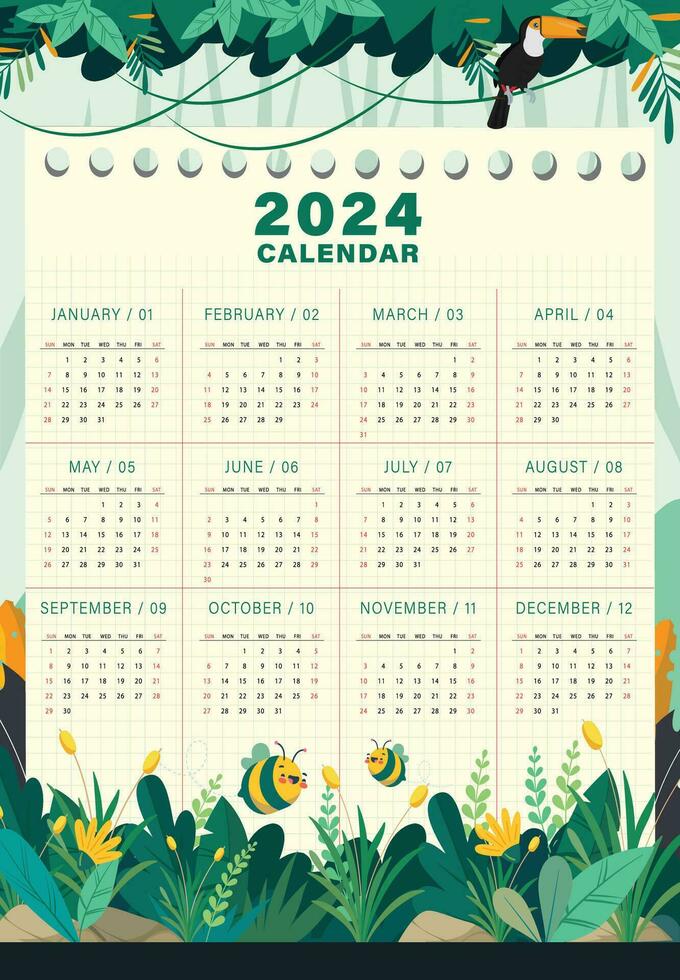 kalender år 2024 de tema av djur och natur. söndag börjar på söndag. enkel kalender layout. skrivbord planerare mall med 12 månader. årlig dagbok. vektor illustration