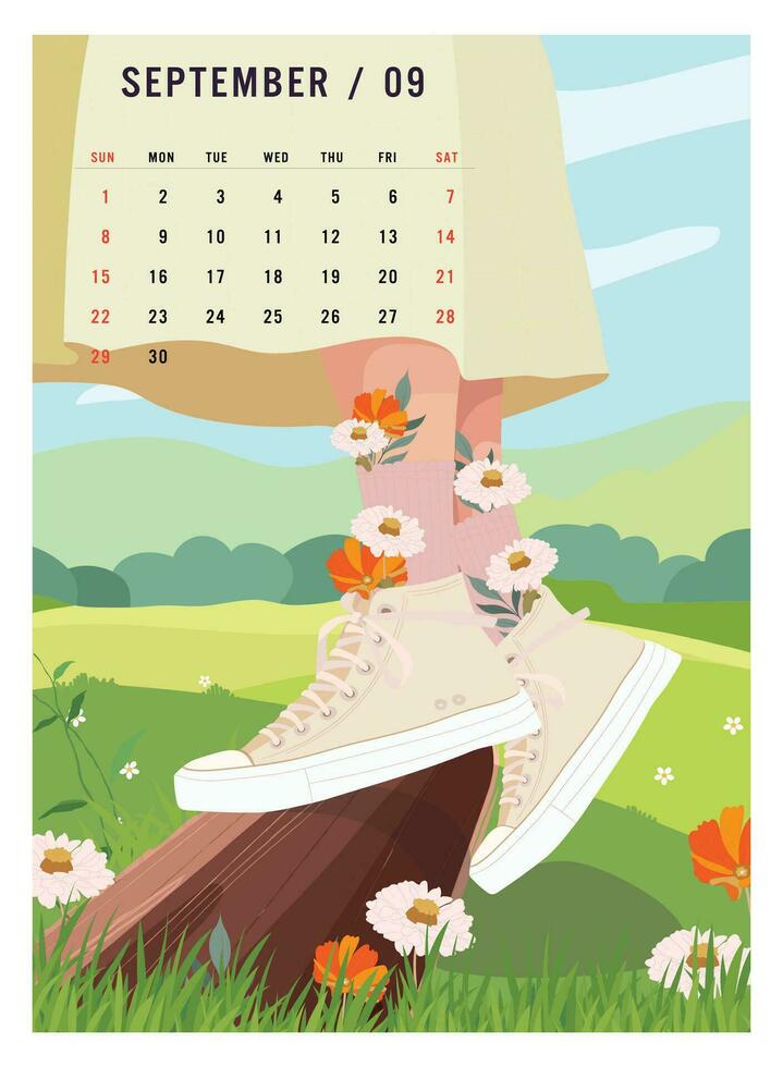 vektor vår bakgrund med vår skor och blommor också september kalender. baner, affisch, omslag design mall, social media berättelse tapet