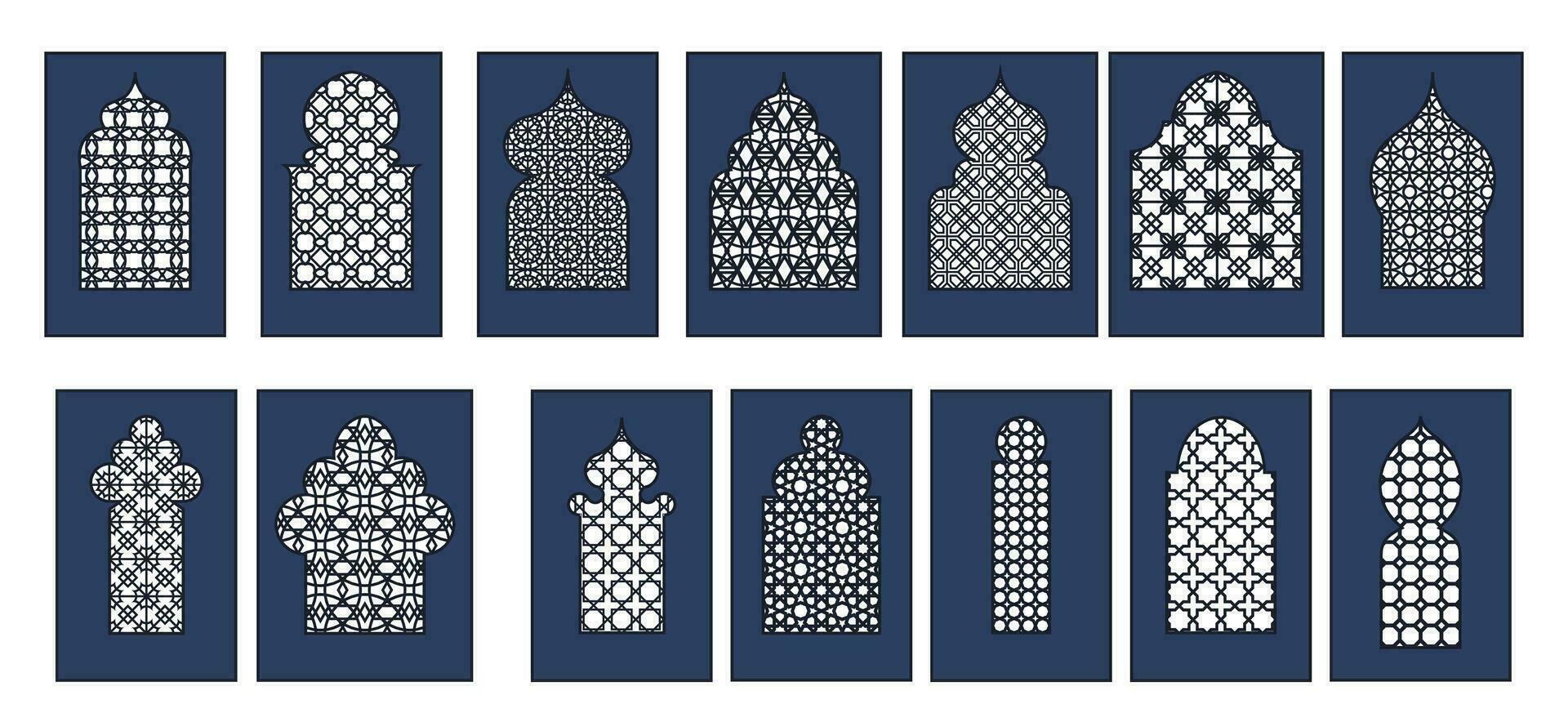 samling av arab orientalisk fönster, valv och dörrar. laser skära grill. modern design i svart fo ramar moské kupol och lyktor islamic ramadan kareem och eid mubarak stil. vektor illustration