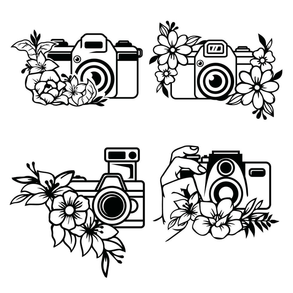 handgemalt Blumen- Kamera Schnitt Dateien. Blume und Kamera Illustration zum Cricut. vektor