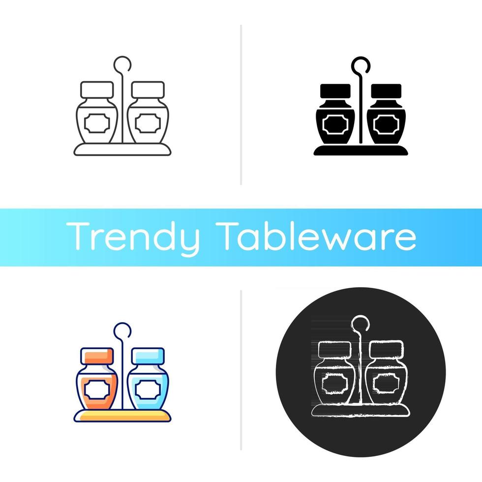 Gewürze gesetztes Symbol. abgestimmte Gruppe von Containern. Küchenplatz zum Aufbewahren von Salz und Pfeffer. Geschirr für den Heimgebrauch. lineare Schwarz- und RGB-Farbstile. isolierte vektorillustrationen vektor