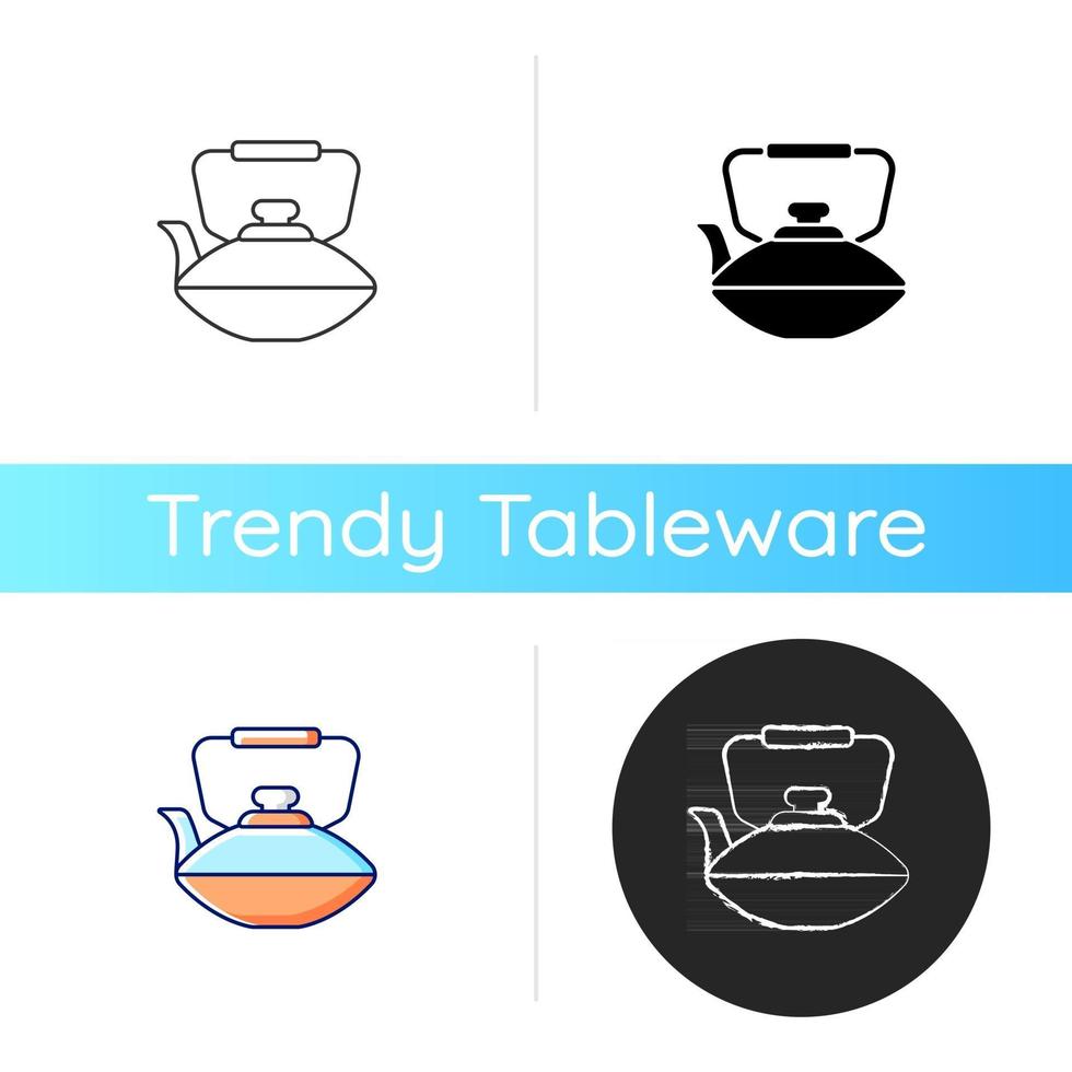 kinesisk järn tekanna ikon. nationella typer av servis. gammaldags köksutrustning. behållare för kokande vatten. linjära svart och rgb färgstilar. isolerade vektorillustrationer vektor