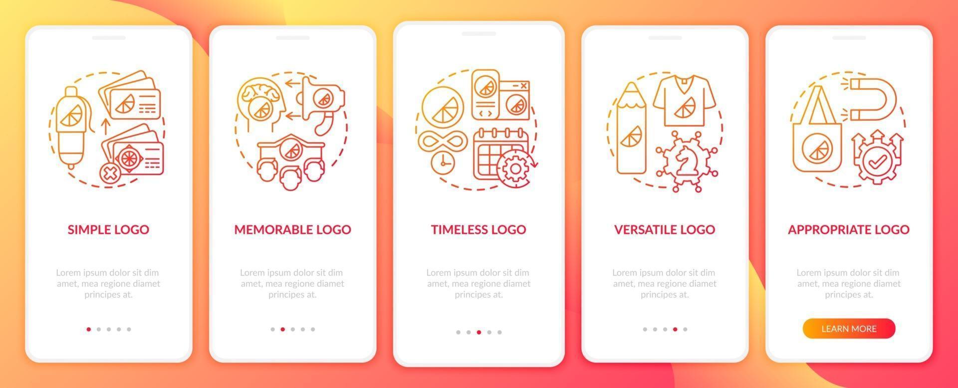 Effektives Logo-Design beim Onboarding der mobilen App-Seitenseite mit Konzepten. Einfache, einprägsame Logo-Komplettlösung in 5 Schritten mit grafischen Anweisungen. ui, ux, gui-Vektorvorlage mit linearen Farbillustrationen vektor