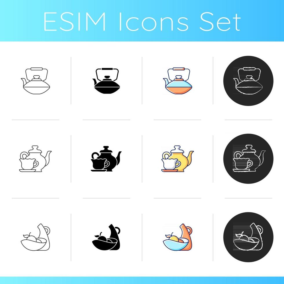 Abendessen Zubehör Icons Set. Teekanne aus gehärtetem Doppelglas für heiße Flüssigkeiten. Ofenform aus Keramik. auf und untertasse gesetzt. lineare, schwarze und rgb-Farbstile. isolierte vektorillustrationen vektor