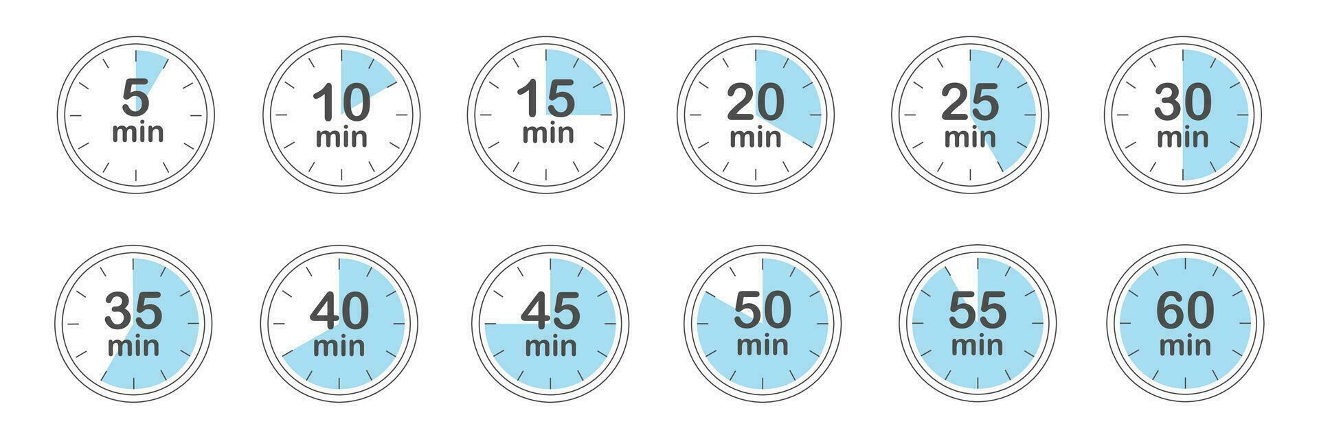 Reihe von Timern. 5, 10, 15, 20, 25, 30, 35, 40, 45, 50, 55 und 60 Minuten. Countdown-Timer-Symbole gesetzt. isolierte Vektorillustration. vektor