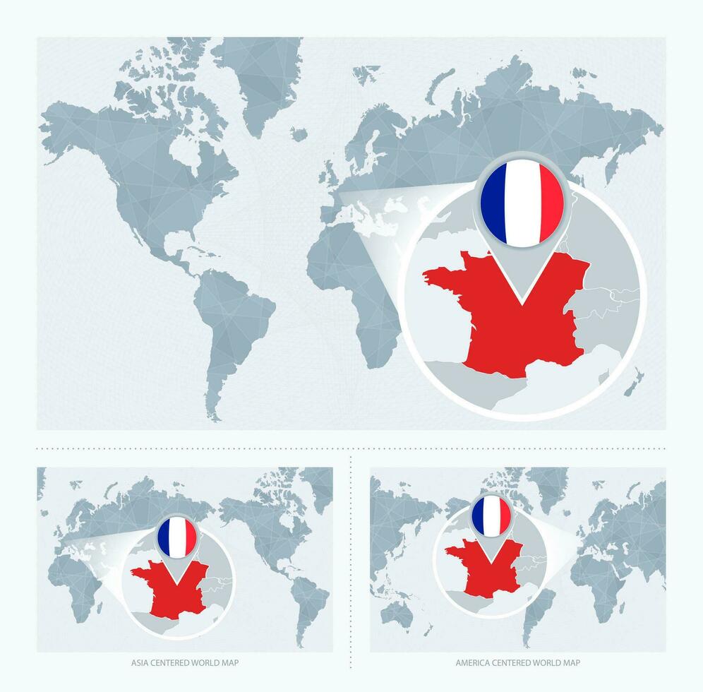 vergrößert Frankreich Über Karte von das Welt, 3 Versionen von das Welt Karte mit Flagge und Karte von Frankreich. vektor