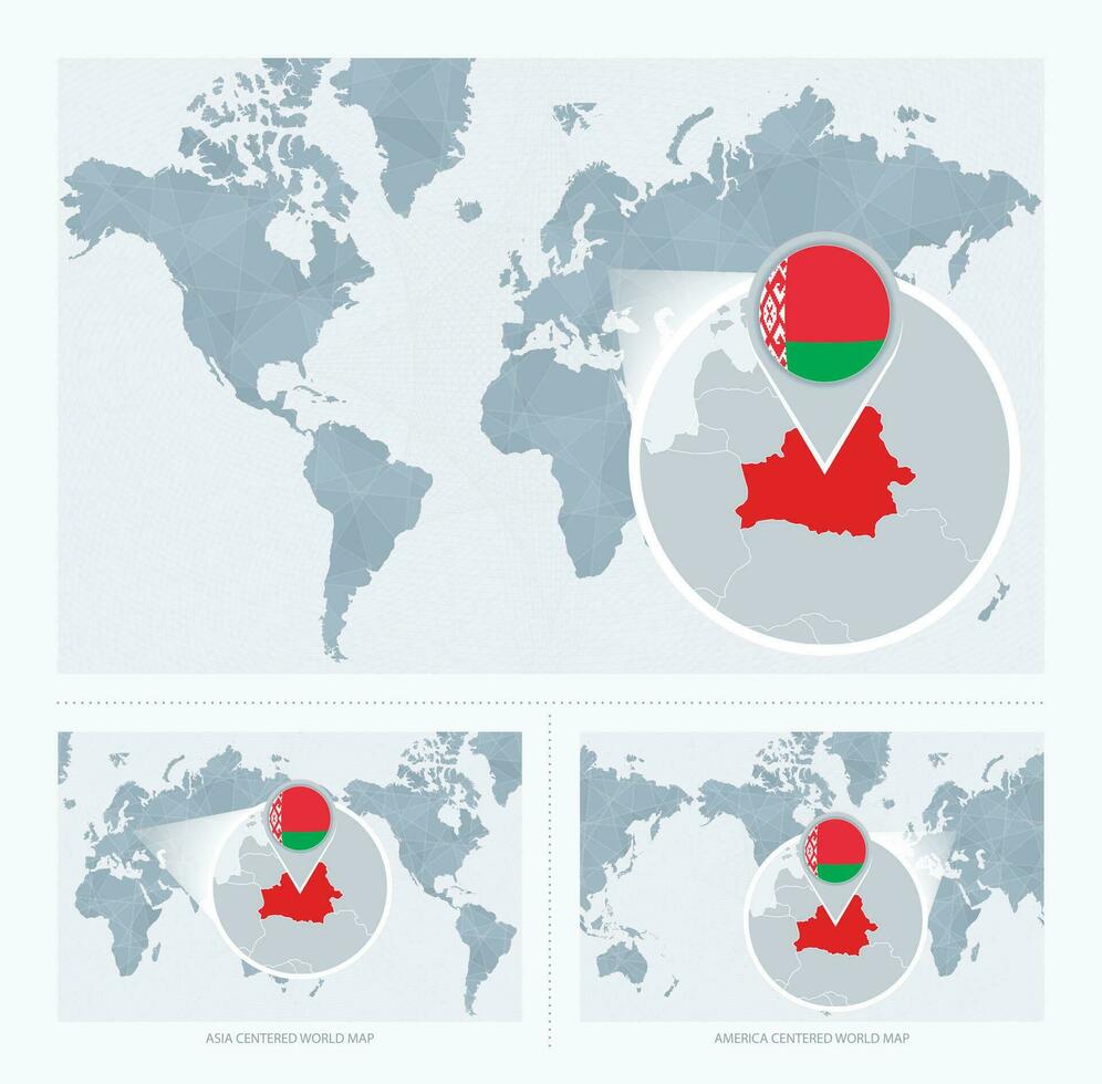 vergrößert Weißrussland Über Karte von das Welt, 3 Versionen von das Welt Karte mit Flagge und Karte von Weißrussland. vektor