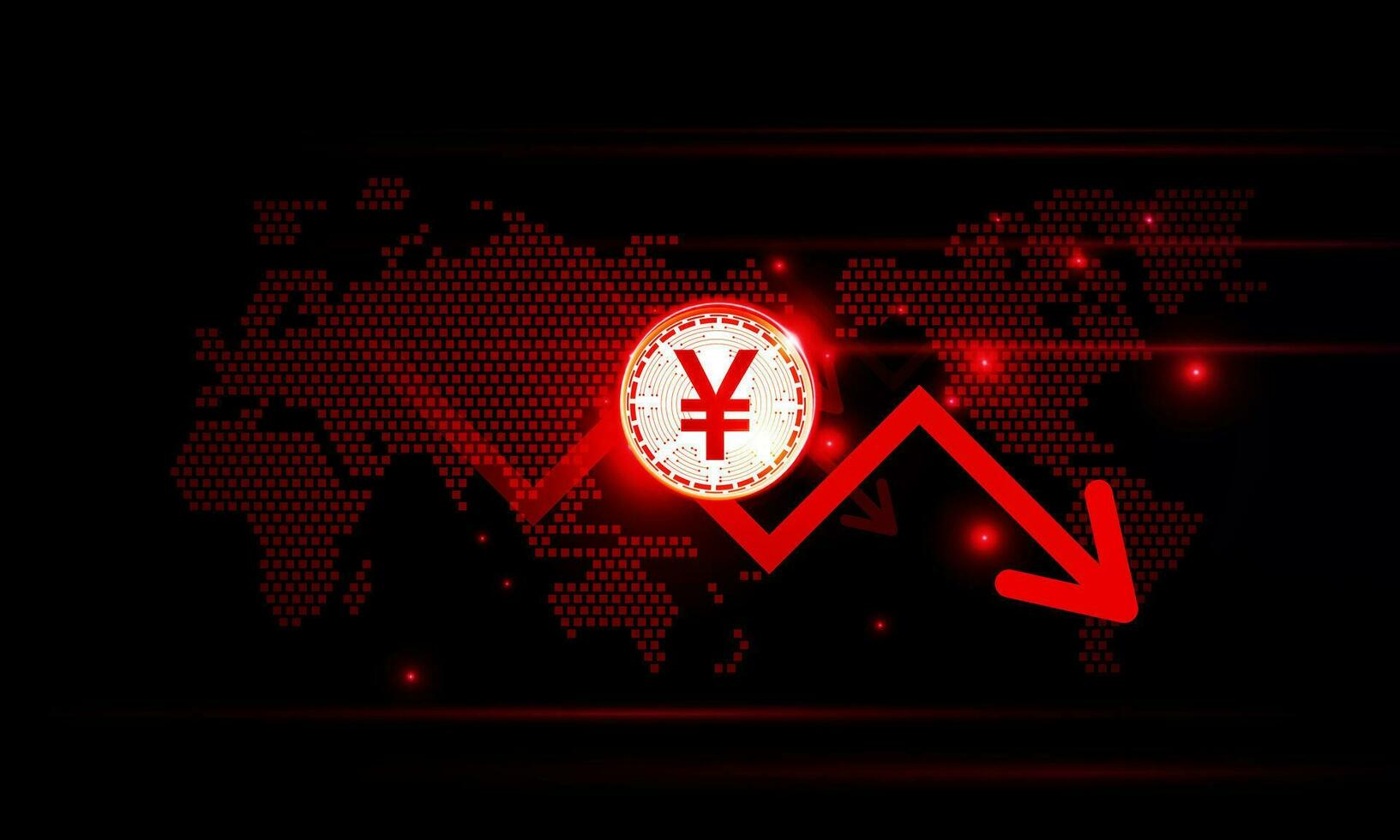 finanziell Diagramm mit Pfeil Yuan verringern im Geld von Chinesisch Geld Graph und Welt Karte im Lager Markt auf Blau Farbe Hintergrund Konzept Innovation Hintergrund, Vektor Design