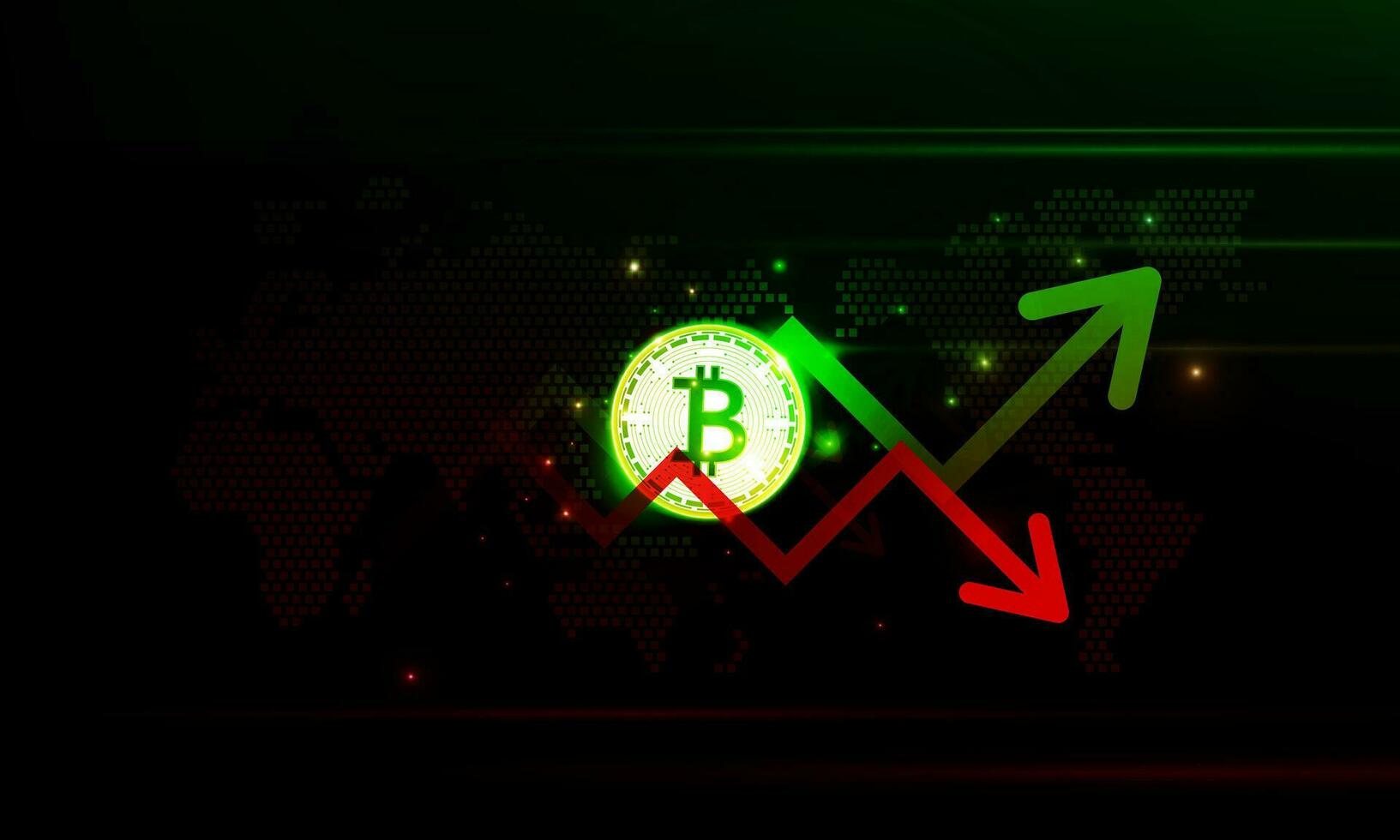 finanziell Diagramm mit ziehen um oben und Nieder Pfeil Graph Bitcoin Kryptowährung Technologie und Welt Karte im Lager Markt auf Grün und rot Farbe Hintergrund Konzept Innovation Hintergrund, Vektor Design