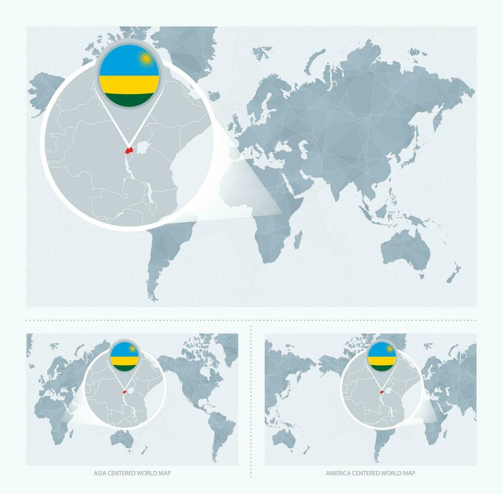 vergrößert Ruanda Über Karte von das Welt, 3 Versionen von das Welt Karte mit Flagge und Karte von Ruanda. vektor