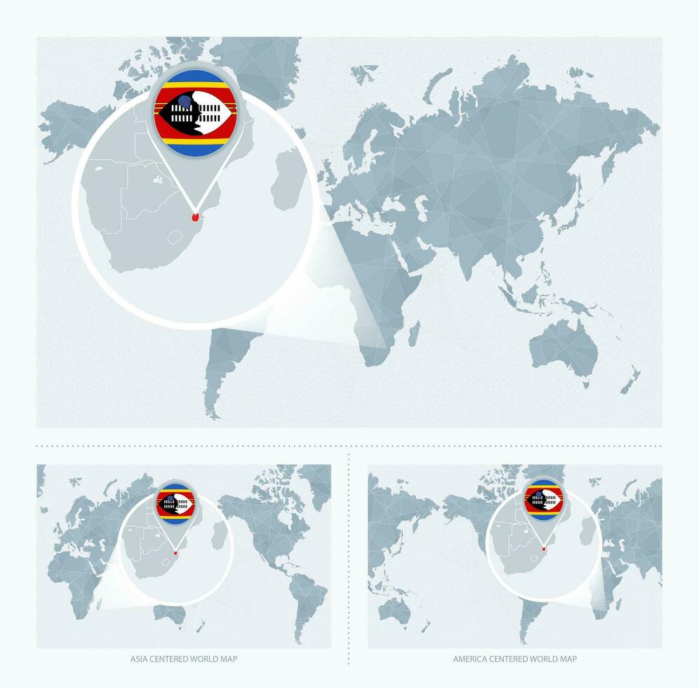 vergrößert Swasiland Über Karte von das Welt, 3 Versionen von das Welt Karte mit Flagge und Karte von Swasiland. vektor