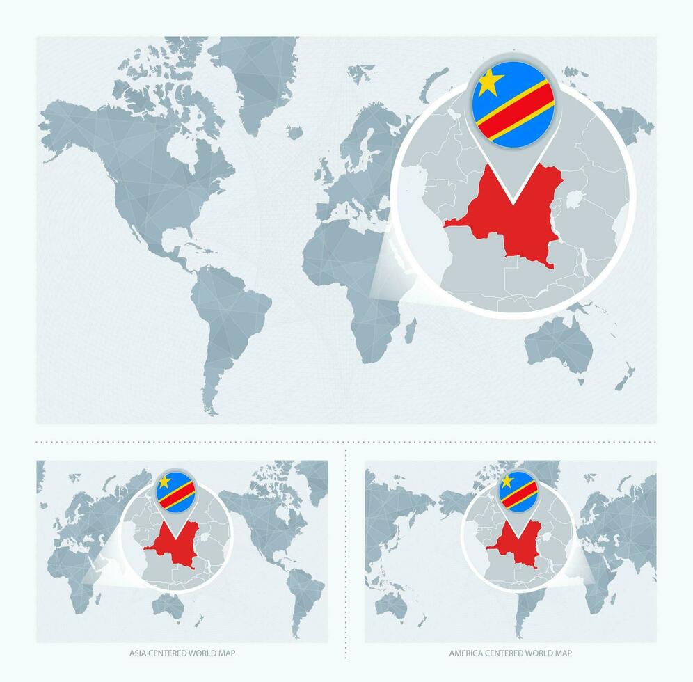 vergrößert DR Kongo Über Karte von das Welt, 3 Versionen von das Welt Karte mit Flagge und Karte von DR Kongo. vektor