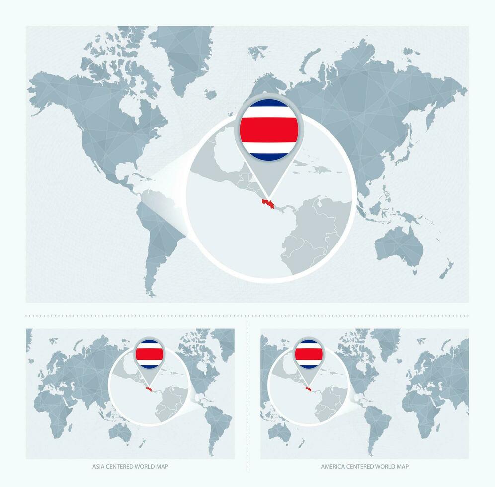 vergrößert Costa Rica Über Karte von das Welt, 3 Versionen von das Welt Karte mit Flagge und Karte von Costa rica. vektor