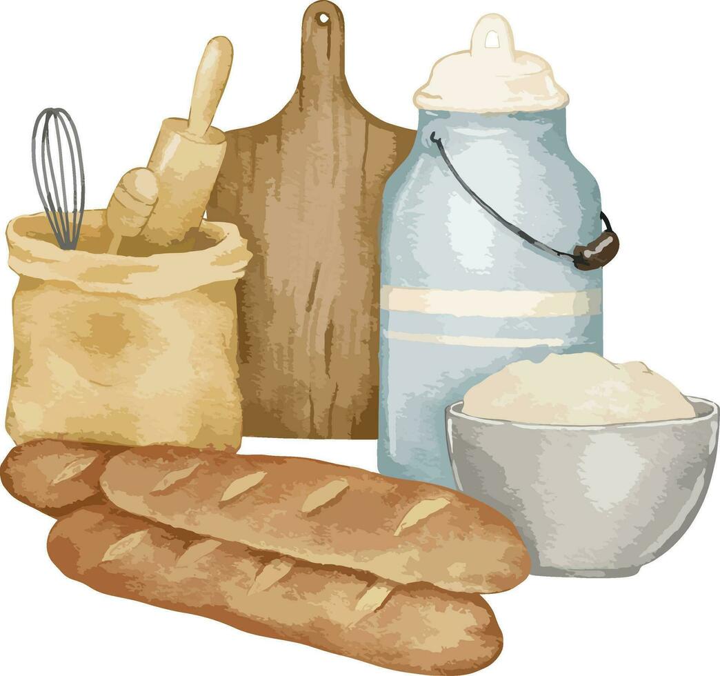 Nachspeisen und Bäckerei Produkte und Kochen einstellen Küche Utensilien gezeichnet Aquarell Illustration isoliert Element vektor