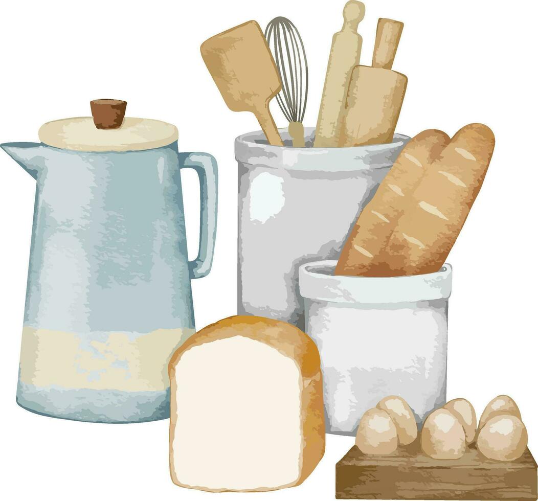 Nachspeisen und Bäckerei Produkte und Kochen einstellen Küche Utensilien gezeichnet Aquarell Illustration isoliert Element vektor