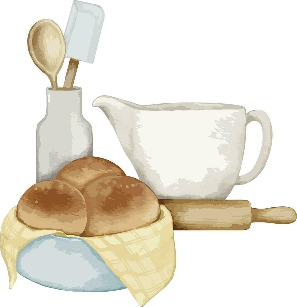Nachspeisen und Bäckerei Produkte und Kochen einstellen Küche Utensilien gezeichnet Aquarell Illustration isoliert Element vektor