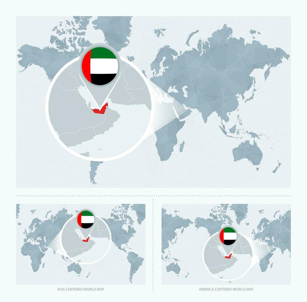 förstorade förenad arab emirates över Karta av de värld, 3 versioner av de värld Karta med flagga och Karta av förenad arab emiraten. vektor